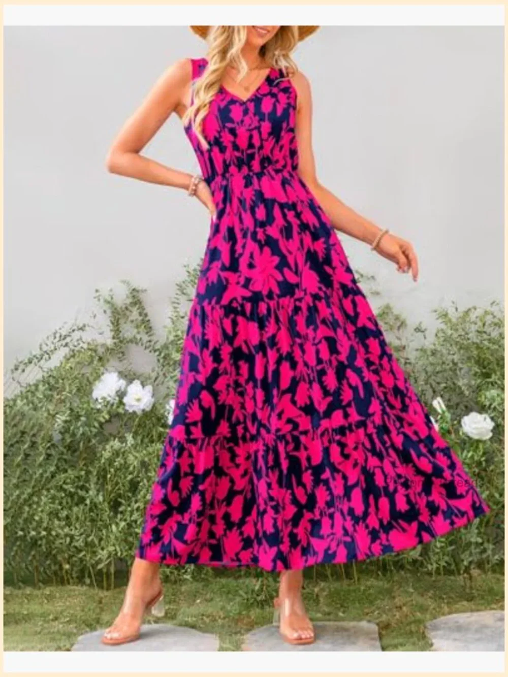 Women's Sleeveless Floral Maxi Dress with V Neck & High Waist - Picture 2 of 7